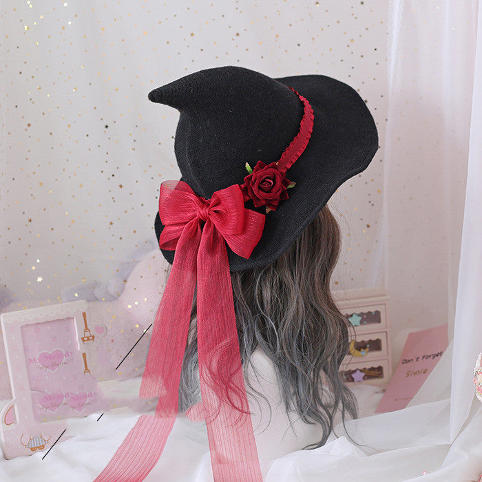 A Maramalive™ Lolita Halloween Retro Witch Hat Masquerade Rose Big Bow Wizard Hat Gothic Magical Girl Hat Cosplay Accessories Party Decor - perfect for Halloween parties and as a spooky gift.