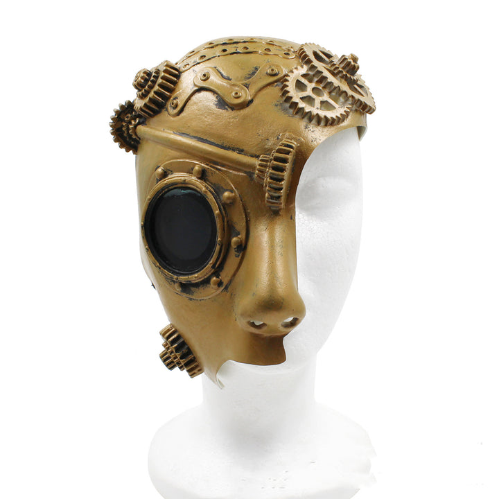 A man wearing a Maramalive™ Steampunk Half Face Props Anime Game mask with gears on it.