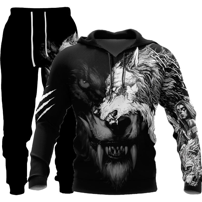 A black Maramalive™ Hooded Tracksuit with Three-dimensional Art featuring a detailed graphic design of wolves and a woman with intricate patterns, embodying the essence of punk rock.