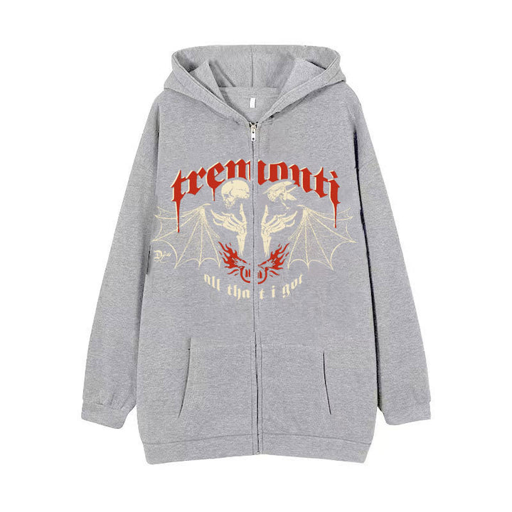 A gray Men's Skull Zippered Hoodie: The Ultimate Hooded Top featuring a graphic of two skulls with bat wings and the text "Tremonti" and "All I Got" in red on the front by Maramalive™.