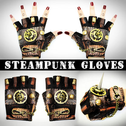 A pair of Maramalive™ Steampunk Rock Locomotive Half Finger Gloves Outdoor with a steampunk design.
