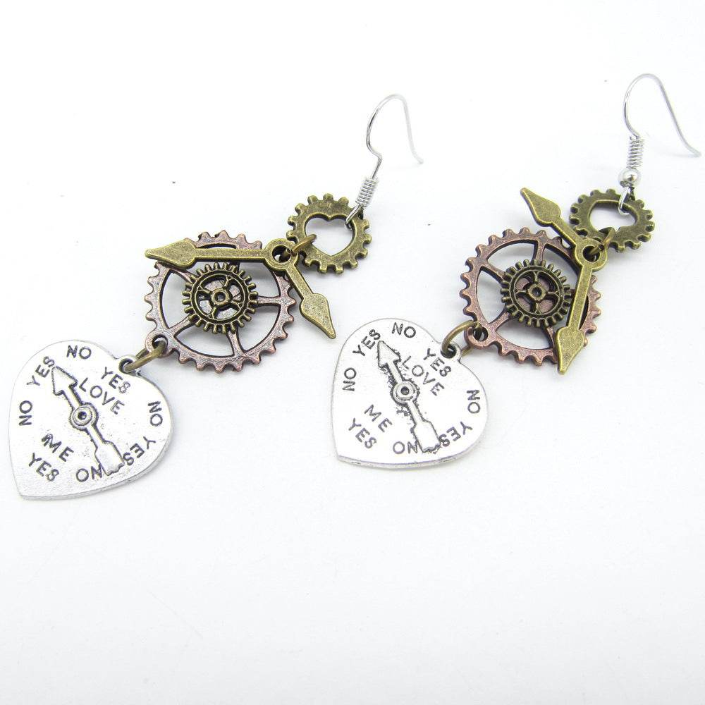 A pair of Maramalive™ Steampunk Heart Earrings with a heart and gears on them.