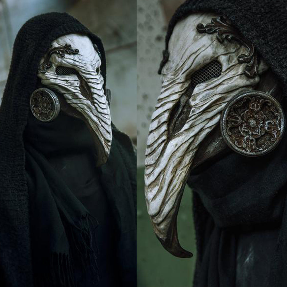 A man in a Maramalive™ Halloween Plague Doctor Mask Steampunk Beak Black Death Virus Cosplay Latex Headgear Mask holding a gun.