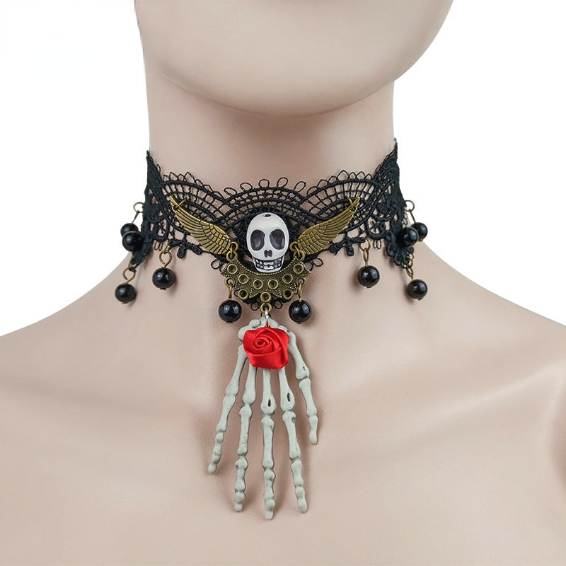 A woman is wearing a Maramalive™ Gothic Jewelry Red Bat Halloween Necklace Lace Choker with cartoon-style bats on it.