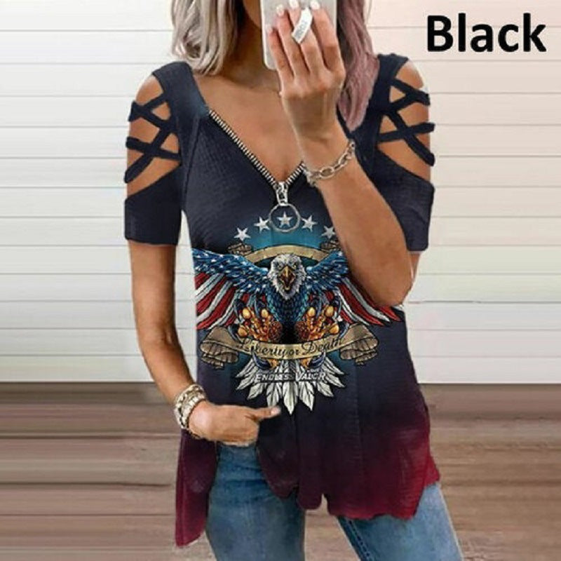 A street hipster wearing a black, cotton-blended short-sleeve top with a crisscross shoulder design. The Maramalive™ Printed Contrast Color Short-sleeved V-neck Women's T-shirt features a graphic of an eagle, American flag elements, and the words "Liberty & Death, Defend America.