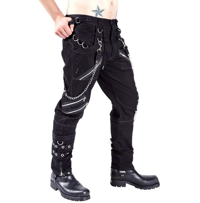 A punk man wearing black Personality Casual Pants Men's Gothic Pants from Maramalive™ with chains.