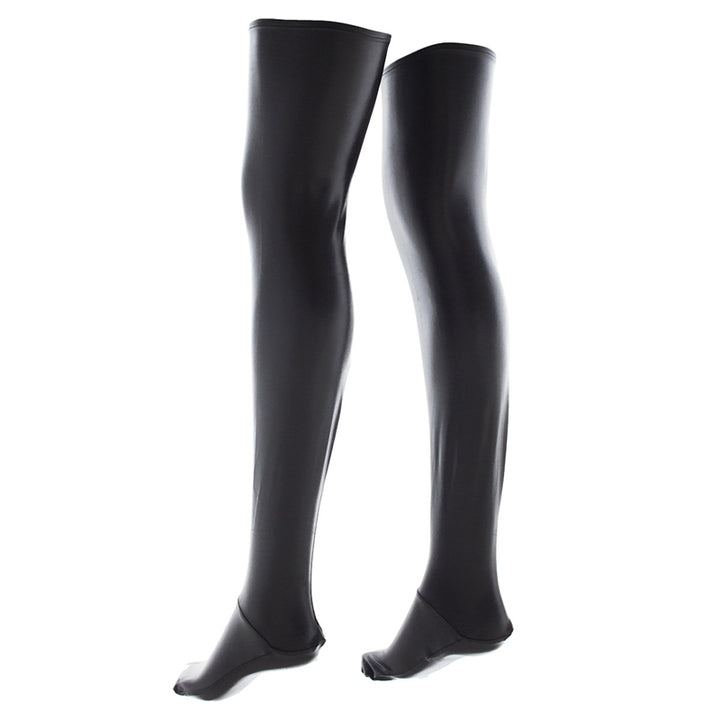 Shimmering Maramalive™ thigh high stockings in gold, silver, and black made from a blend of polyester, Spandex.