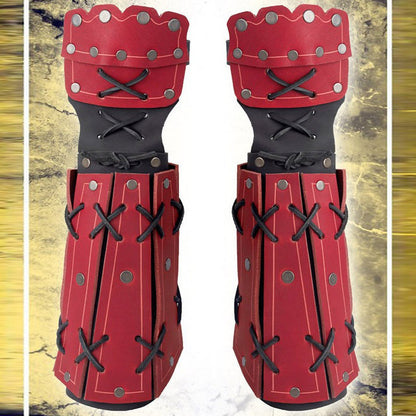 A person is holding a red and black Medieval Steampunk Men's Armguard Boxing Gloves by Maramalive™.