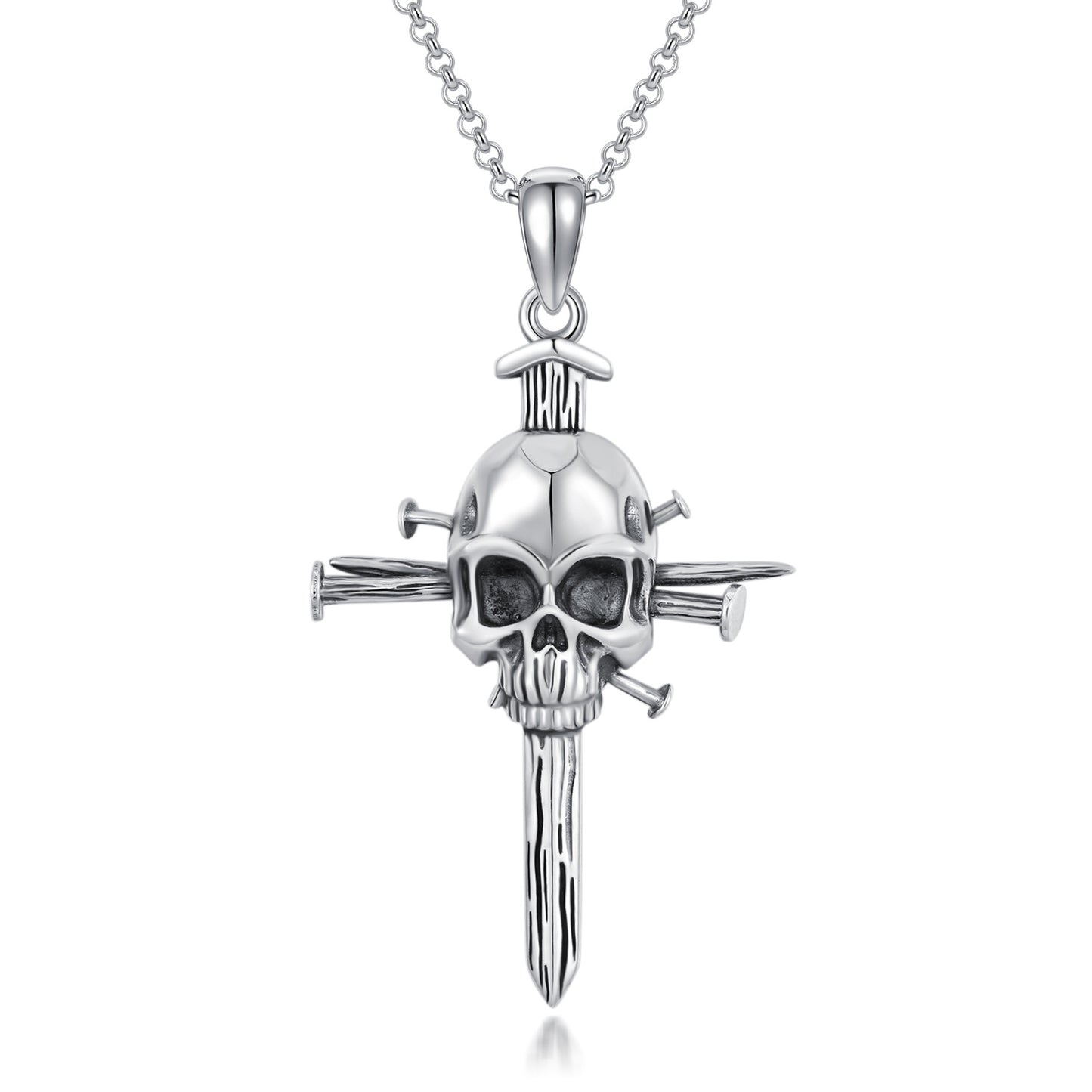 A Maramalive™ White Gold Plated Sterling Silver Skull Necklace with a cross on a silver chain.