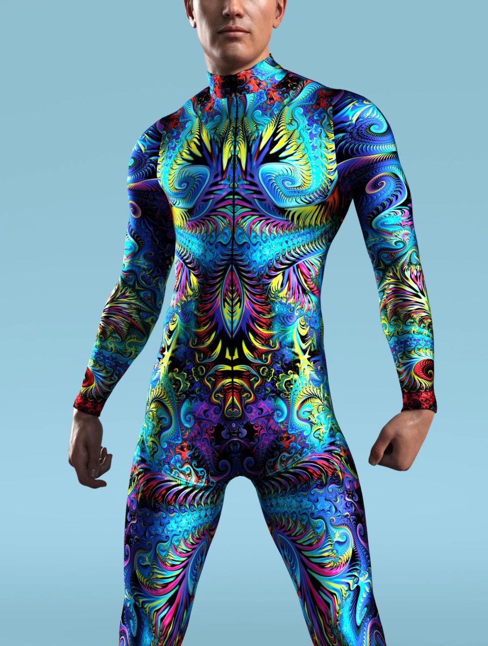 A person wears a vividly colored, intricately patterned Maramalive™ 3D Digital Printed Cosplay One-piece Costume with long sleeves against a plain blue background, embodying the European and American style often seen in game animation role playing.