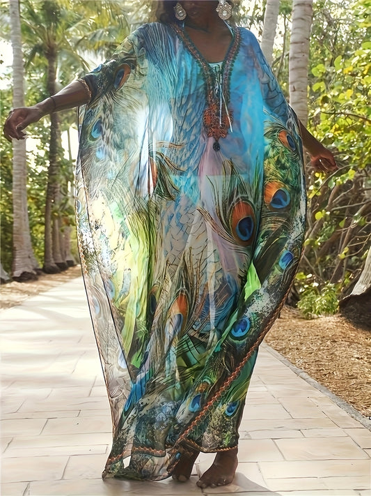 Peacock Print Loose Oversized Dress, Vacation Short Sleeve Maxi Beach Vacation Dress, Women's Clothing