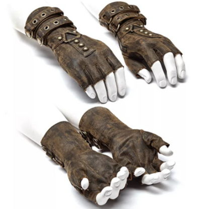 A pair of Medieval Steampunk Men's Arm Guard Rivet Belt Buckle Gloves by Maramalive™ on a mannequin.
