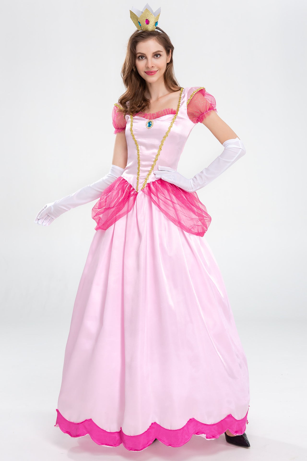 A woman in a pink Maramalive™ Halloween Party Princess Dress Stage Costume is posing for a photo.