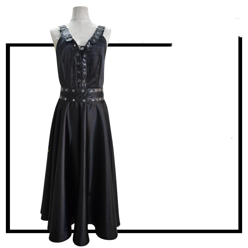 A Maramalive™ Gothic Shoulder Suspender Dress with black straps and a black belt.