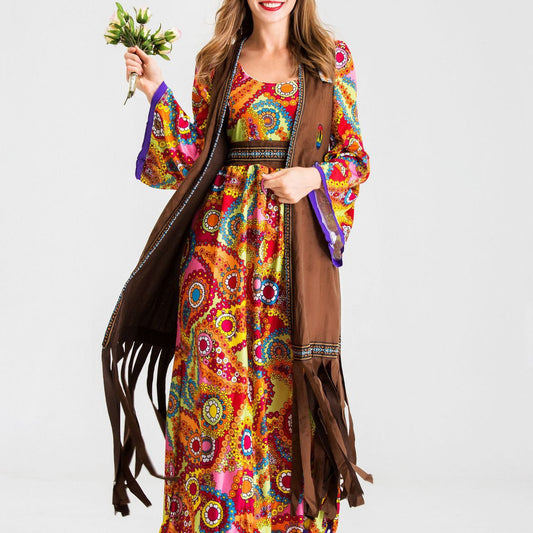 A woman in a colorful Halloween Retro Disco Hippie Costume dress is holding a Maramalive™ flower.
