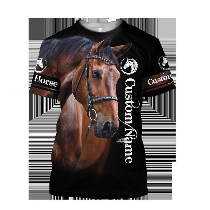 A Maramalive™ 3D Printed Men's Crew Neck Casual T-shirt featuring a realistic horse print on the front, crafted with durable polyester fiber, and adorned with the text "Custom Name" and "Horse" on the sleeves.