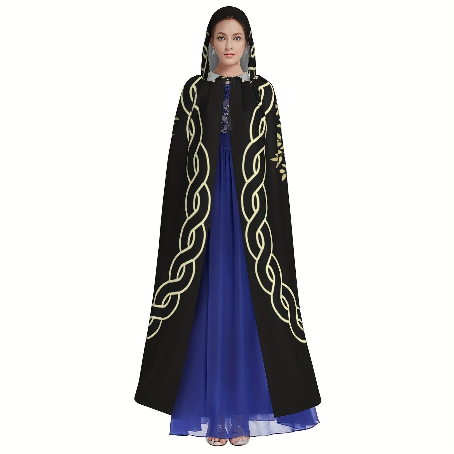 A person stands wearing a vintage black Maramalive™ 1pc, Nordic Style Viking Goddess Wiccan Wicca Halloween Wizard Witch Hooded Robe Cloak Christmas Hoodies Cape Cosplay For Adult Men Women Party Favors Supplies Dresses Clothes Gifts Costume with gold-patterned trim over a blue dress.
