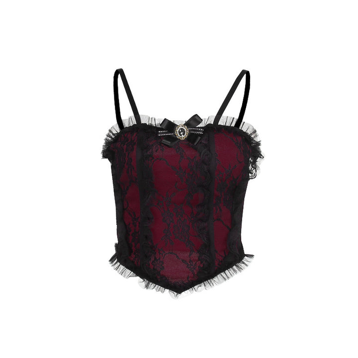 A Maramalive™ Dark gothic lace camisole with black floral lace pattern overlay, thin shoulder straps, and a decorative bow in the center. The top and bottom are trimmed with frilly white lace.