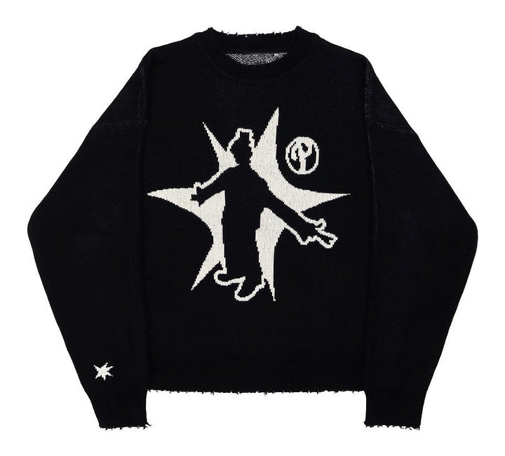 A black Hip-Hop Street Gothic Print Knitted Sweater by Maramalive™ featuring a white, stylized graphic of a person holding a wrench and a star symbol in the background, all presented in a bold geometric pattern that merges perfectly with street fashion influences.