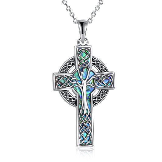 925 Sterling Silver Abalone Celtic Cross Pendant Necklace