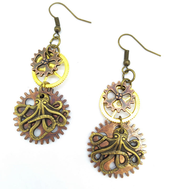 A group of four Maramalive™ Three-color Gear Octopus Steampunk Earrings.