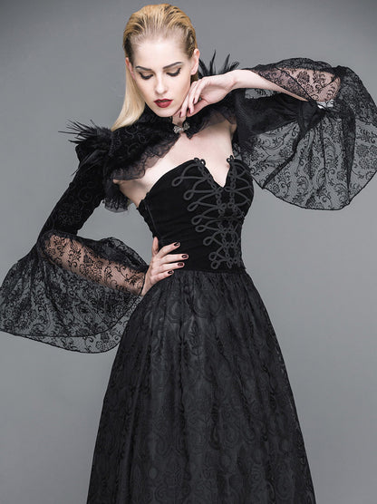 A woman wearing a Maramalive™ Gothic Steampunk European and American Court Feather Shawl Short Stand Collar Lotus Sleeve Jacket Female and a black dress.