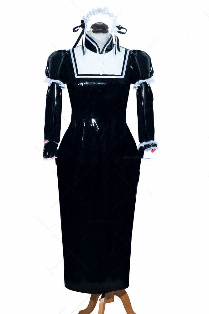 A black PVC patent leather dress on a mannequin, featuring a skirt.