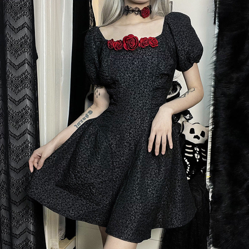 A woman wearing a Maramalive™ Women's Dark Three Dimensional Night Rose Princess Dress.