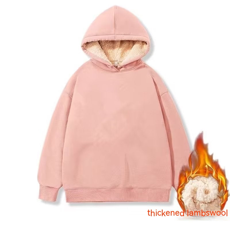 A pink **Maramalive™ Men's Fleece Hoodie Winter Lined Padded Warm Keeping Loose Hooded Sweater** with a thickened lambswool interior. This cozy pullover features a graphic of wool on fire, accompanied by the text "thickened lambswool" in the corner.