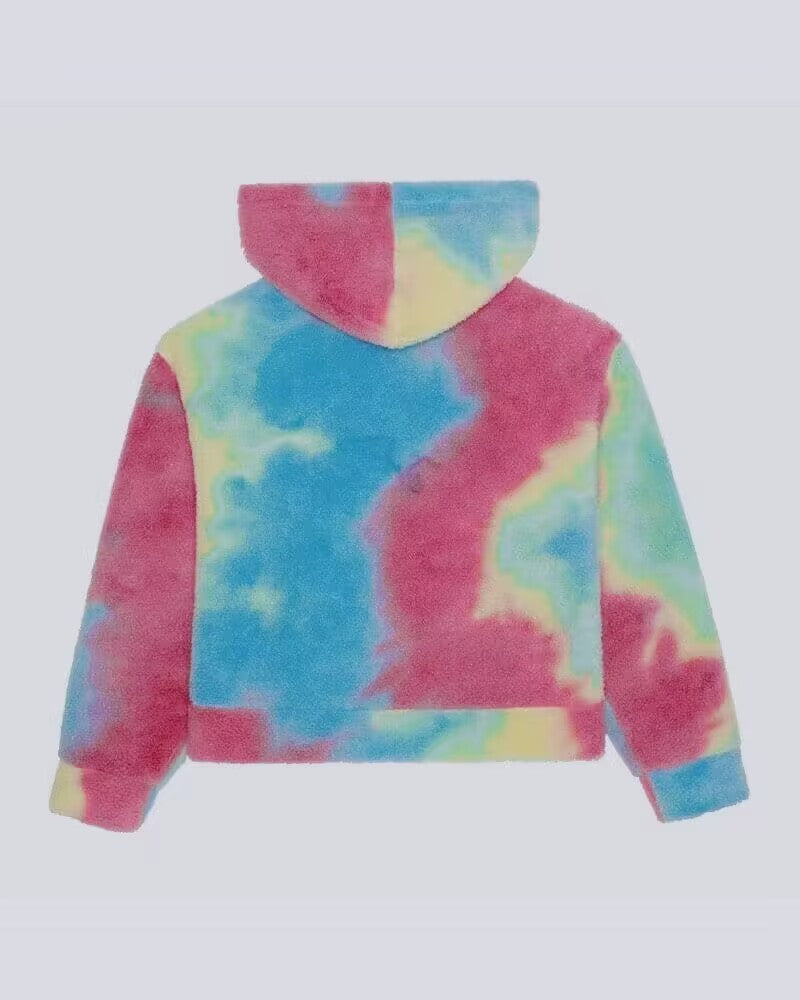 A Maramalive™ Lamb Velvet Lazy Style Loose Tie Dyed Hoodie with a fuzzy texture displaying a tie-dye pattern in red, blue, green, and yellow colors.