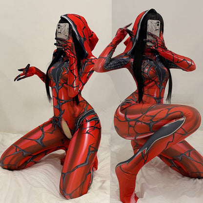 A woman in a Maramalive™ Halloween Cosplay Costume Female Zipper Crotch Sexy Lingerie Bodysuit posing on a bed.