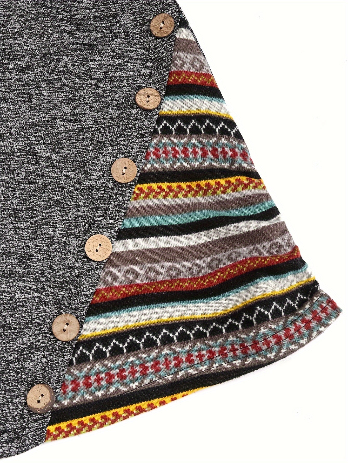 A close-up of a fabric panel in a casual skirt, featuring wooden buttons on a grey woven polyester fabric on the left, and a colorful, geometric-patterned fabric with stripes of various colors on the right from Maramalive™, showcasing their Plus Size Retro Top, Women's Plus Colorblock Geometric Print Hooded Long Sleeve Button Decor Slim Fit Slight Stretch Top.