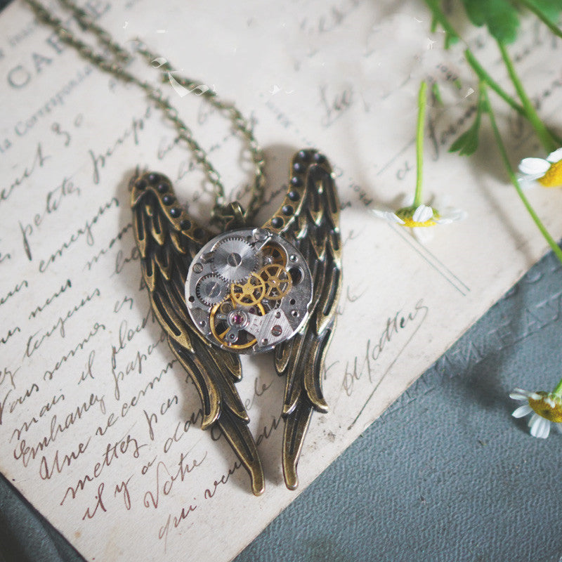 A Maramalive™ Vintage Steampunk Mechanical Watch Angel Wings Necklace.