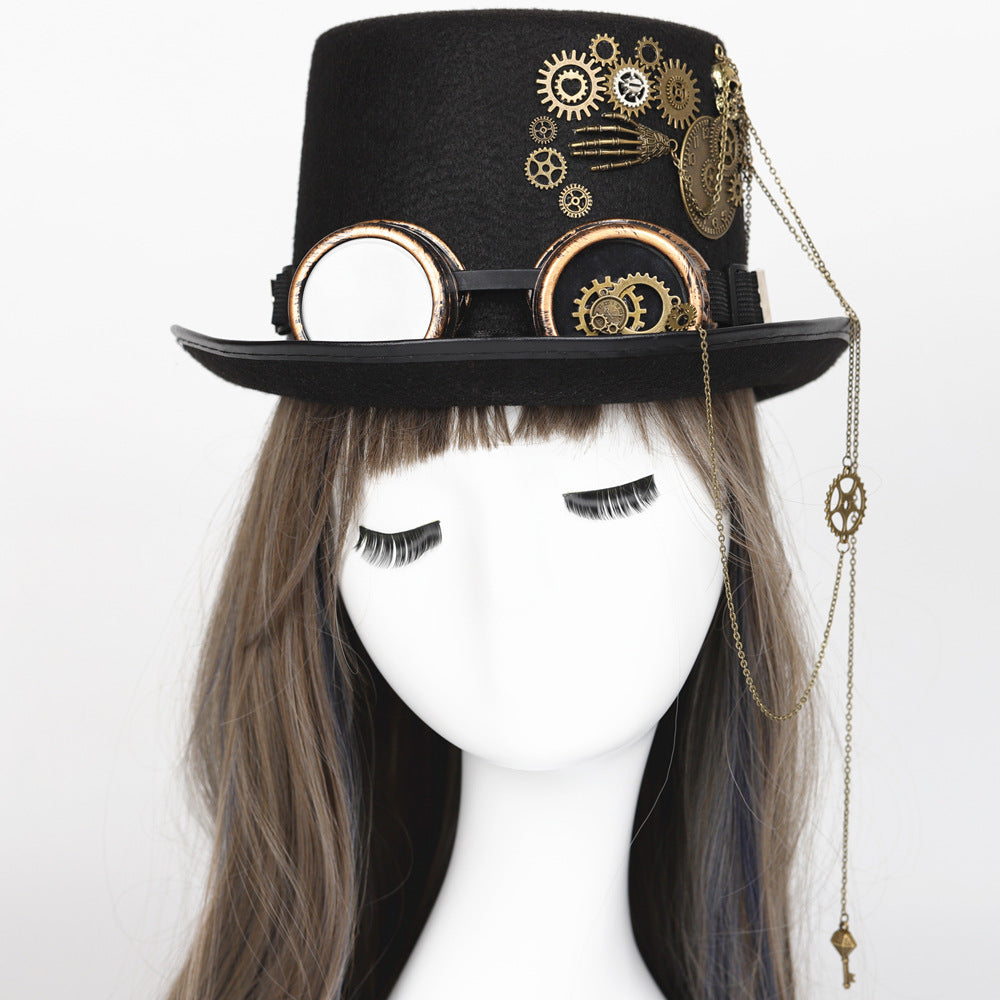 A mannequin with a Gear Goth Glasses Retro Steampunk Topper top hat and goggles by Maramalive™.