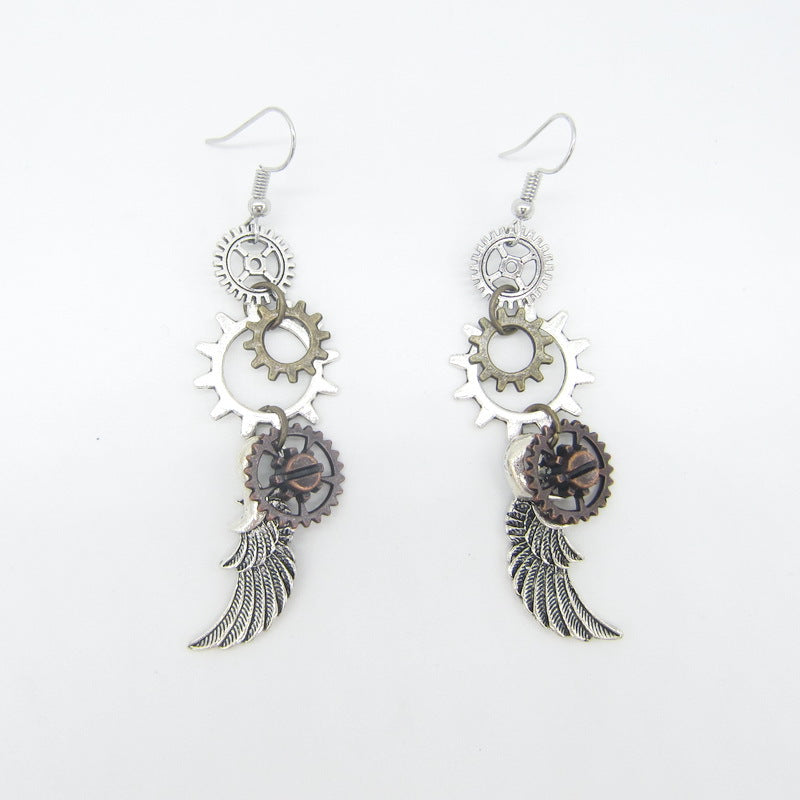 A pair of Maramalive™ European and American Retro Gear Earrings Steampunk DIY Handmade with gears and wings.