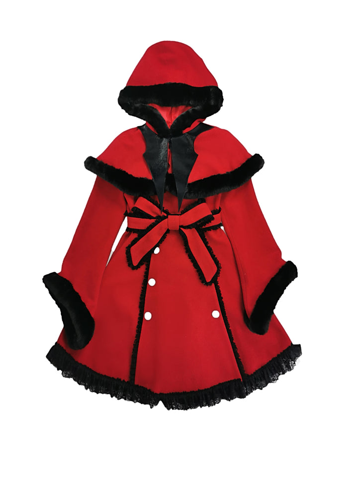 A woman wearing a red coat and black boots, adding gothic elements with the Maramalive™ Gothic Christmas Cloak for Women - Dark Victorian Cape.
