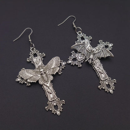 Cross Earrings Skull Moth Filigree Victorian Classical Gothic Style