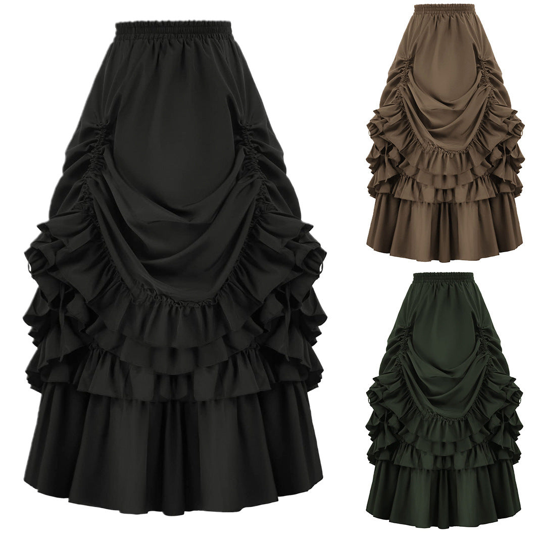 A black, brown and green Women's Vintage Gothic Victorian Skirt from Maramalive™ with ruffles.