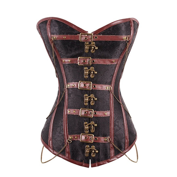 A black and red Brown Gothic Corset Court with brass buckles by Maramalive™.