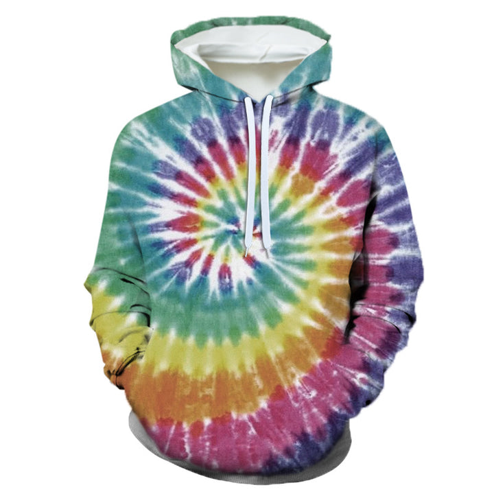 A Maramalive™ 3D Digital Printing Couple Wear Trend Fashion Sweater Hoodie with a vibrant tie-dye pattern in European and American style, featuring colors like green, blue, purple, red, and yellow with white drawstrings. Made from polyester fiber for durability and comfort.