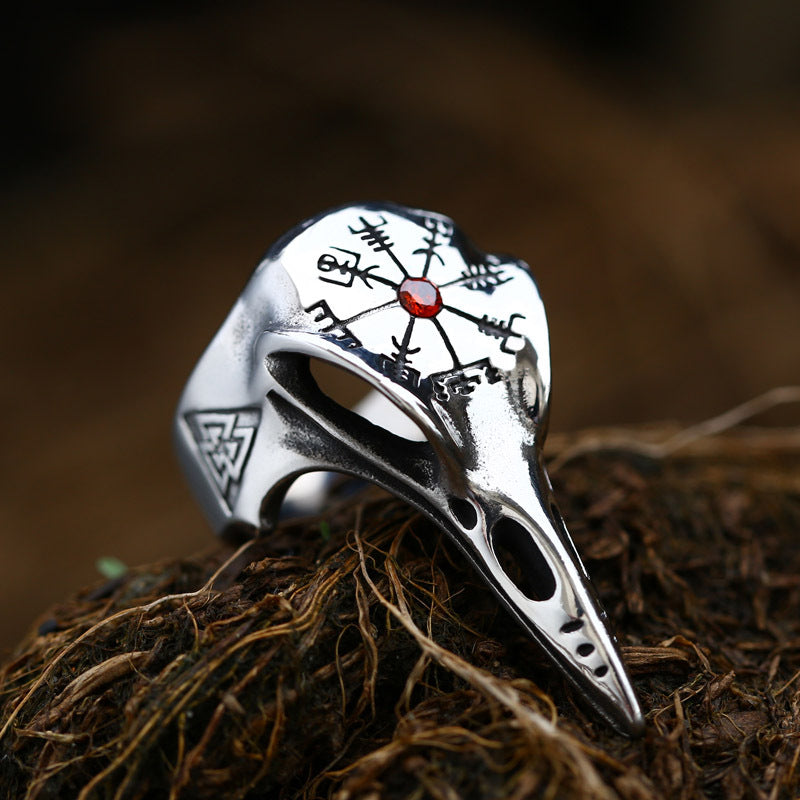 A Viking Crow Inlaid Jewel Vintage Compass Titanium Steel Men's Ring featuring a silver compass by Maramalive™.