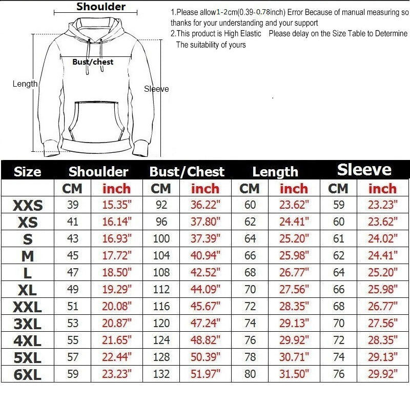 Size chart for the Maramalive™ 3D Digital Printing Couple Wear Trend Fashion Sweater Hoodie showing measurements in centimeters and inches for sizes XXS to 6XL. Measurements include shoulder, bust/chest, length, and sleeve. Made with polyester fiber. A note mentions a potential 1-2cm measurement error.