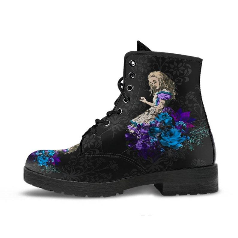 Alice in wonderland Maramalive™ Gothic Print Vegan Leather Combat Boots.
