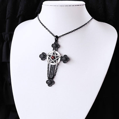 A Gothic Pentagram Cross Necklace on a mannequin, from Maramalive™.