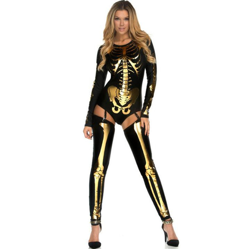 A woman in a Maramalive™ Halloween Cosplay Costume Skull Zombie Uniform.