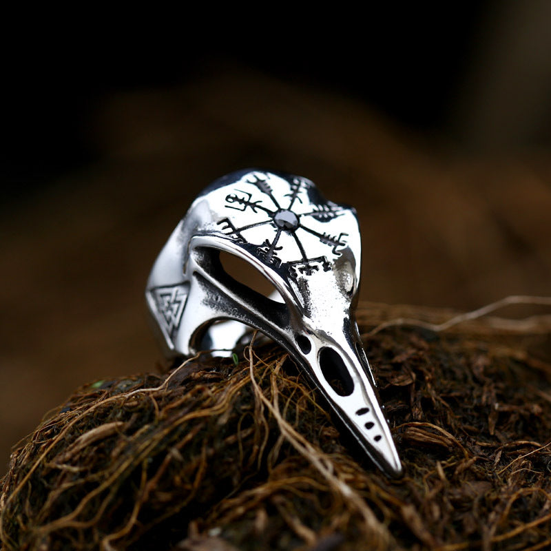 A Viking Crow Inlaid Jewel Vintage Compass Titanium Steel Men's Ring featuring a silver compass by Maramalive™.