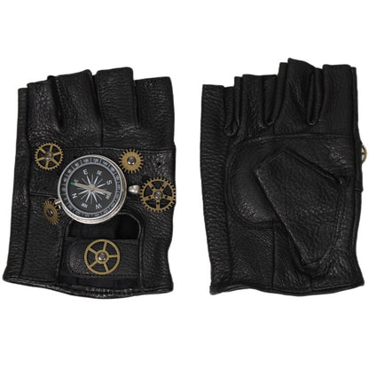 European And American Steampunk Leather Gloves Gear Half Finger Gloves Compass Retro