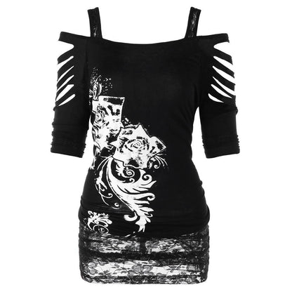 A Rebel Without a Sleeve - New Off Shoulder Printed Rock Gothic Sling T-Shirt by Maramalive™, with a rebellious design comprising black, purple, and white.