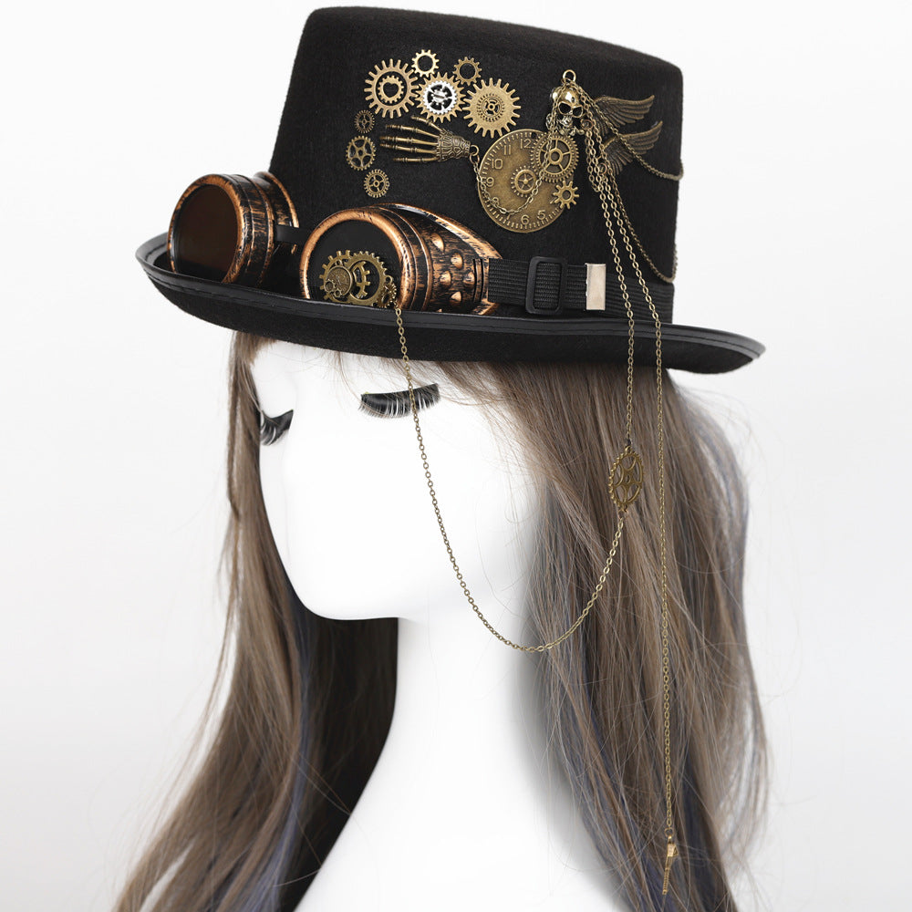 A mannequin with a Gear Goth Glasses Retro Steampunk Topper top hat and goggles by Maramalive™.