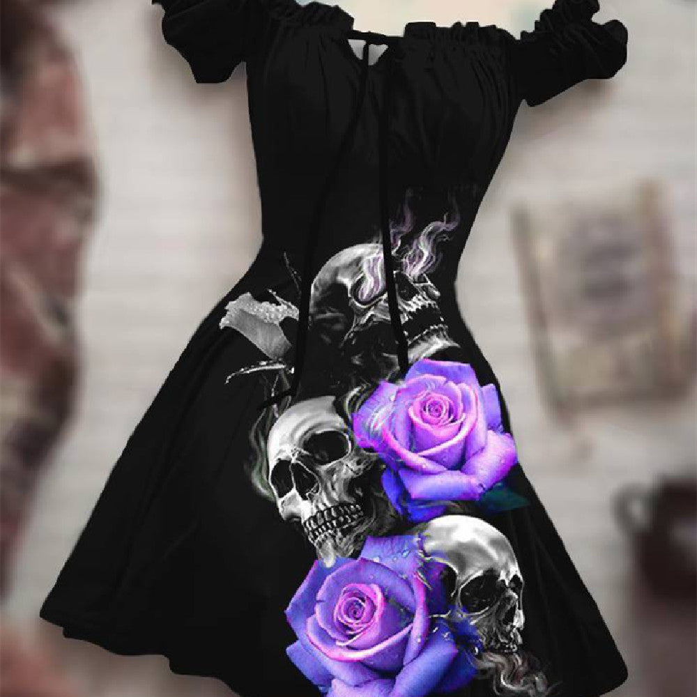 A Maramalive™ Halloween Print Drawstring Dress With Puffy Sleeves with purple roses and skulls on it.